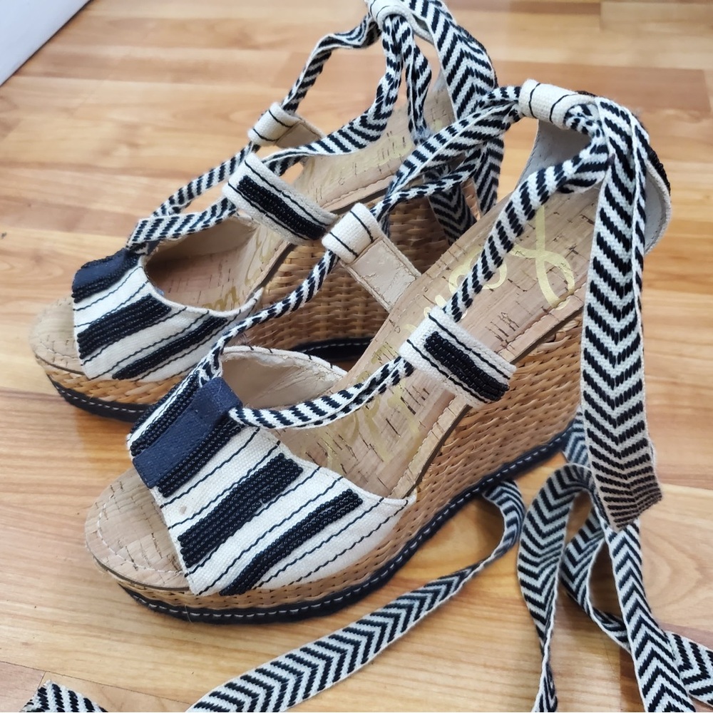 Striped Wedge Sandals with Ankle Tie